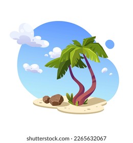 Beach landscape composition with sea and palm trees. Vector tourist illustration.