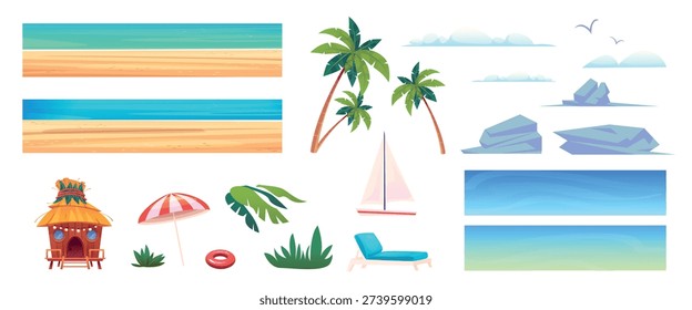 Beach landscape constructor. Island sea sand coast ocean palm tree rock plant hut ship lounger cloud sky resort view tropical nature travel design set isolated vector illustration
