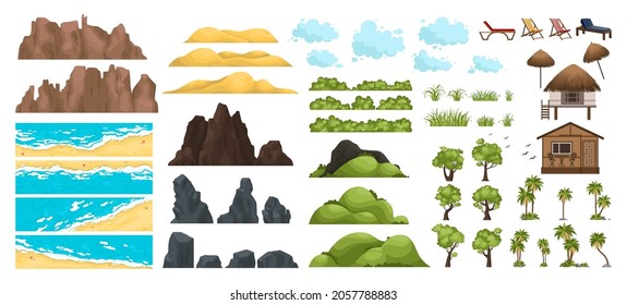 Beach landscape constructor. Outdoor tropical beach landscape constructor vector illustration. Beach landscape sea, mountain and coast