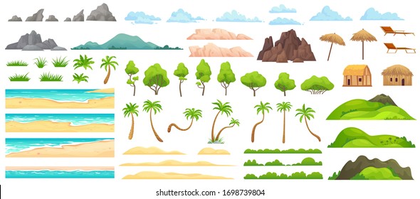 Beach landscape constructor. Sandy beaches, tropical palms, mountains and hills. Ocean horizon, clouds and green trees cartoon vector illustration set. Nature beach landscape constructor
