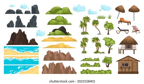 Beach landscape constructor. Sandy beaches, tropical palms, mountains and hills. Beach landscape sea, mountain and coast