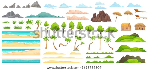 ビーチ風景のコンストラクタ 砂浜 熱帯のヤシ 山 丘 海洋の水平線 雲 緑の木のカートーンベクターイラスト セット 自然の海岸の風景のコンストラクタ のベクター画像素材 ロイヤリティフリー