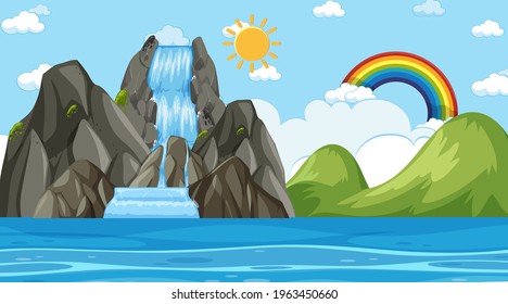 Beach landscape at day time scene with waterfall illustration