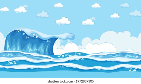 Beach landscape at day time scene with ocean wave illustration