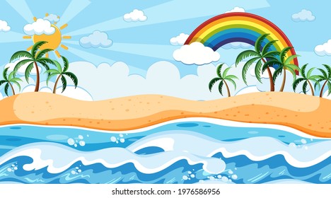 Beach landscape at day time scene with rainbow in the sky illustration
