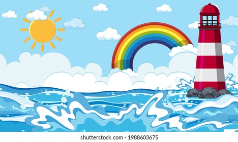Paisaje playero en la escena del día con ilustración de faro