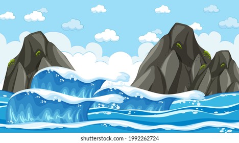 Beach landscape at day time scene with ocean wave illustration