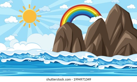 Beach landscape at day time scene with ocean wave illustration