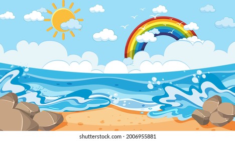 Paisaje de playa en la escena del día con arco iris en la ilustración del cielo