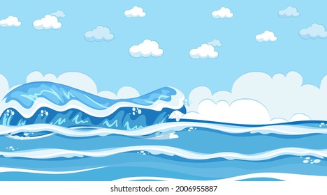 Beach landscape at day time scene with ocean wave illustration