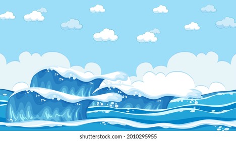 Paisaje playero en la escena del día con ilustración de olas oceánicas