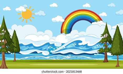 Beach landscape at day time scene with rainbow illustration
