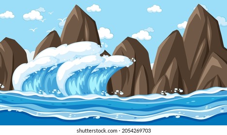 Beach landscape at day time scene with  illustration