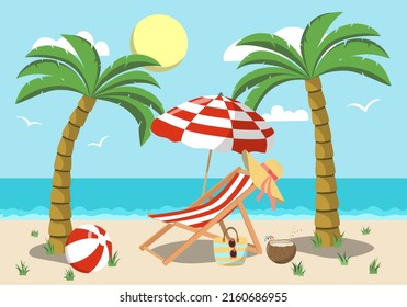 Beach landscape with deck chair, beach umbrella, and ball on the sandy coast. Sea background. Colorful summer design. Design for postcards and banners. Vector illustration in flat style