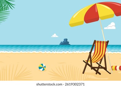 Beach landscape during the day. Sandy beach with tropical palm trees. Cartoon vector illustration on a sunny day, at sunrise. Outdoor landscape, travel scene during the day, tropical vacation.