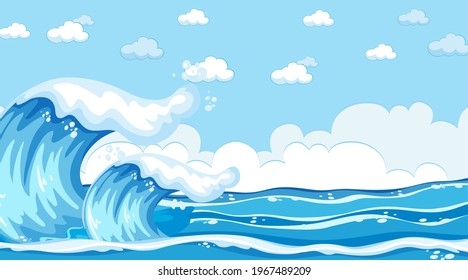 Beach landscape during day time, scene with ocean wave illustration