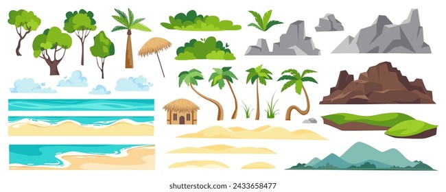 Constructor de elementos paisajísticos de playa mega conjunto en diseño gráfico plano. Kit creador con palmeras tropicales, arbustos verdes, costas de arena oceánica, nubes, montañas, bungalow resort. Ilustración vectorial.