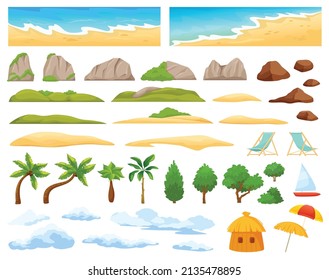 Paisajes de playa, costa del océano, palmeras, montañas. Constructor de escena de la isla tropical de dibujos animados con playa de arena, conjunto de vectores de nubes. Horizonte marino, colinas y rocas, objetos de relajación