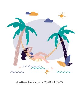 Beach landscape. Endless summer. Cute woman lying and relax in hammock at seacoast. Sea line, sand beach, sun, sky, palms. Female character on tropical island. Vector flat colorful illustration