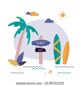 Beach landscape. Endless summer. Surf school, banner template. Surfboards and palm tree on ocean shore. Summer time background. Surf spot, camp, lessons on surfing. flat vector illustration