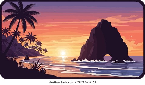  Beach landscape features a dark rocky archway silhouetted against a vibrant sunset with palm trees.