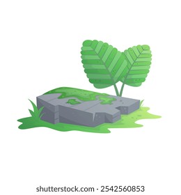 Paisagem de praia com pedra plana, musgo e planta tropical isolado no fundo branco. desenho animado floresta tropical palmeiras ícone para design de jogo, modelos, impressões
