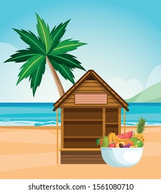 beach landscape with house and bowl with tropical fruits, colorful design , vector illustration