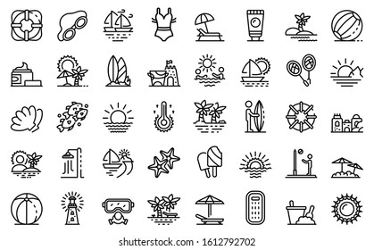 Beach landscape icons set. Outline set of beach landscape vector icons for web design isolated on white background