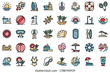 Beach landscape icons set. Outline set of beach landscape vector icons thin line color flat on white