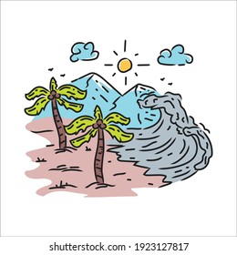 Paisaje de la playa Diseño de la ilustración. Vector de fondo blanco