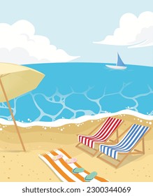 Beach landscape illustration with parasol and sunbed