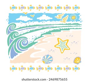 Beach landscape illustration in soft and delicate strokes. Stylized art in a minimalist style.