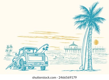 Beach landscape illustration with waves, surfer and surfer car. Art in free and uncluttered lines.