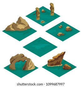 Beach landscape isometric game asset. Tile set for cartoon or game to create landscape scene and background with sea coast, sand beach, rocks and trees. Isolated isometric tiles, vector illustration