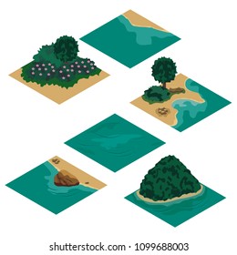 Beach landscape isometric tile set. Cartoon or game asset to create landscape scene and background with sea coast, sand beach, rocks and trees. Isolated isometric tiles, vector illustration