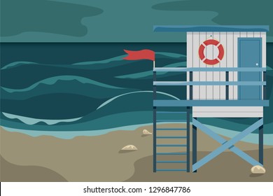Beach landscape with a lifeguard house during a storm. Flat vector illustration. svg