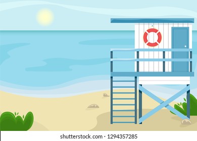 Beach landscape with a lifeguard house. Flat vector illustration. svg