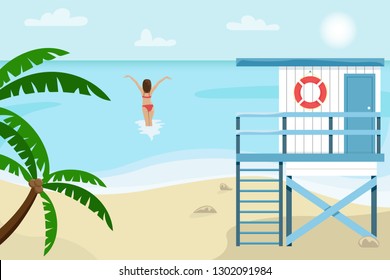 Beach landscape with lifeguard house and palm trees. Girl in a swimsuit in the sea. Flat vector illustration.