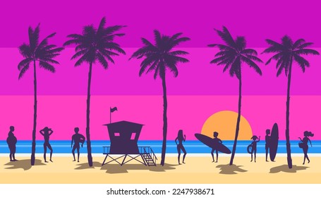 Beach landscape with Lifeguard Station, people on vacation. Palms, sea, ocean, coast view, sunset