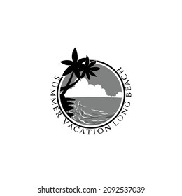 Logo del paisaje de la playa con cocoteros, olas y sol