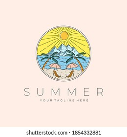 Diseño de iluminación de vectores de logotipos de paisajes de playa, diseño paisajístico de vista de montaña