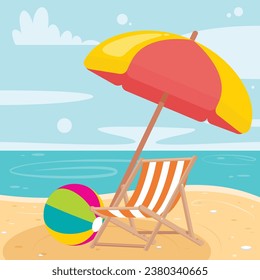 Beach landscape with lounge chair, sun umbrella, and beach ball