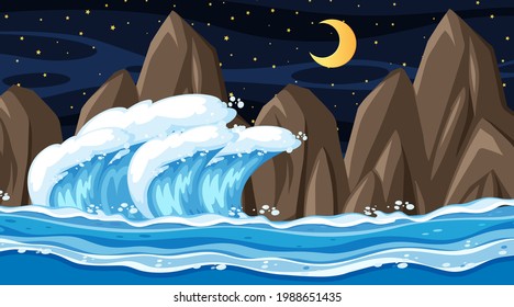 Beach landscape at night scene illustration