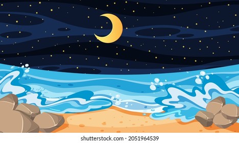 Beach landscape at night scene illustration