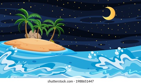 Beach landscape at night scene with island illustration