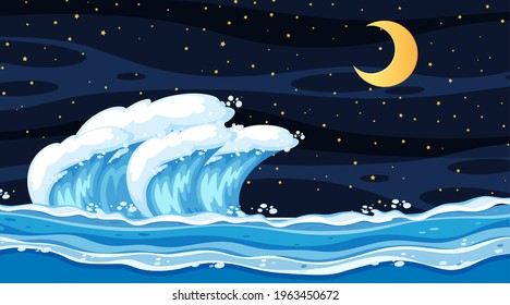 Beach landscape at night scene with ocean wave illustration