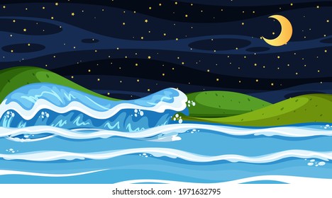 Beach landscape at night scene with ocean wave illustration