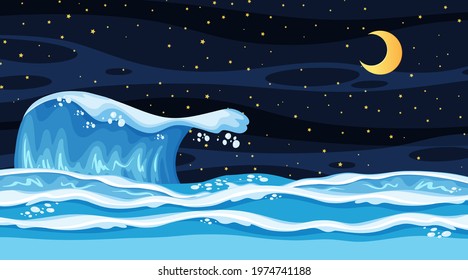 Beach landscape at night scene with ocean wave illustration