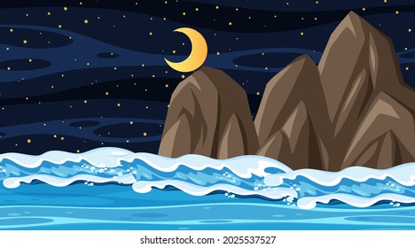 Paisaje playero en la escena nocturna con ilustración de olas oceánicas