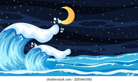 Beach landscape at night scene with ocean wave illustration